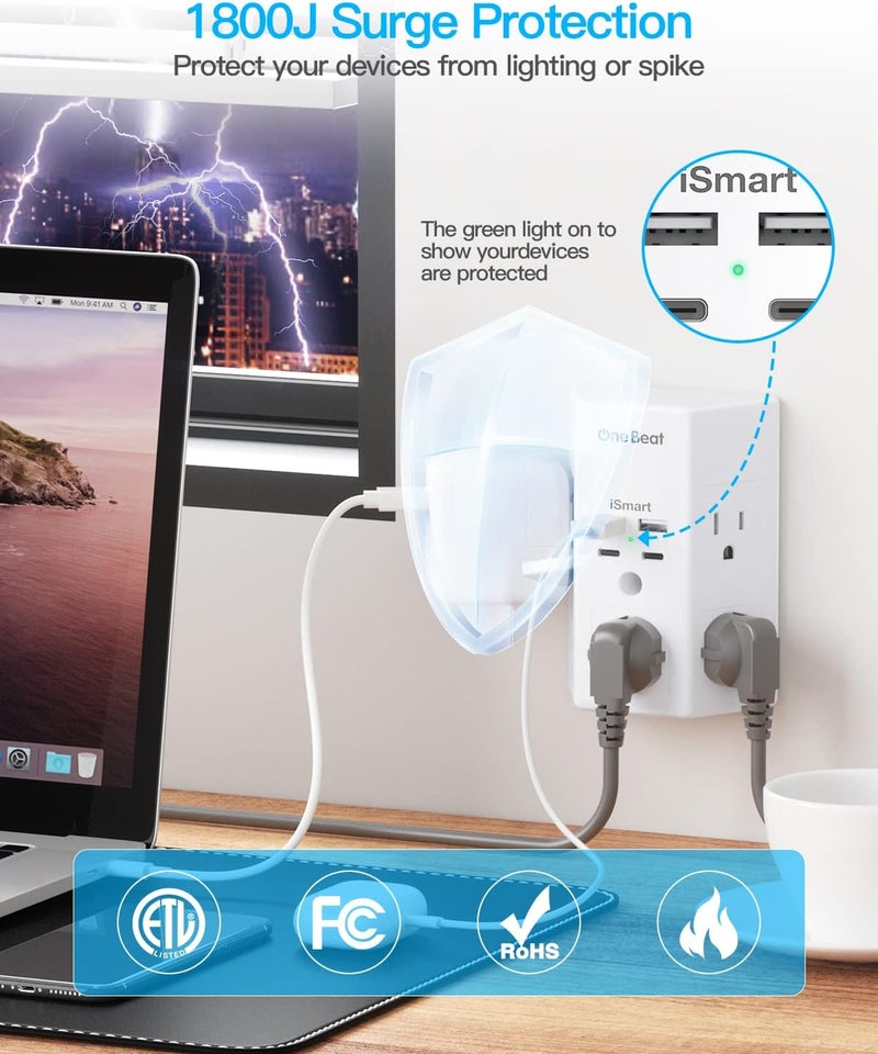 One Beat 2 Pack Multi Plug Outlet, Surge Protector, 5 Outlet Extender with 4 USB Charging Ports (2 USB C), USB Wall Charger, 3-Sided 1800J Power Strip Outlets Splitter Wall Plug Adapter Spaced for Home Office - Image 5